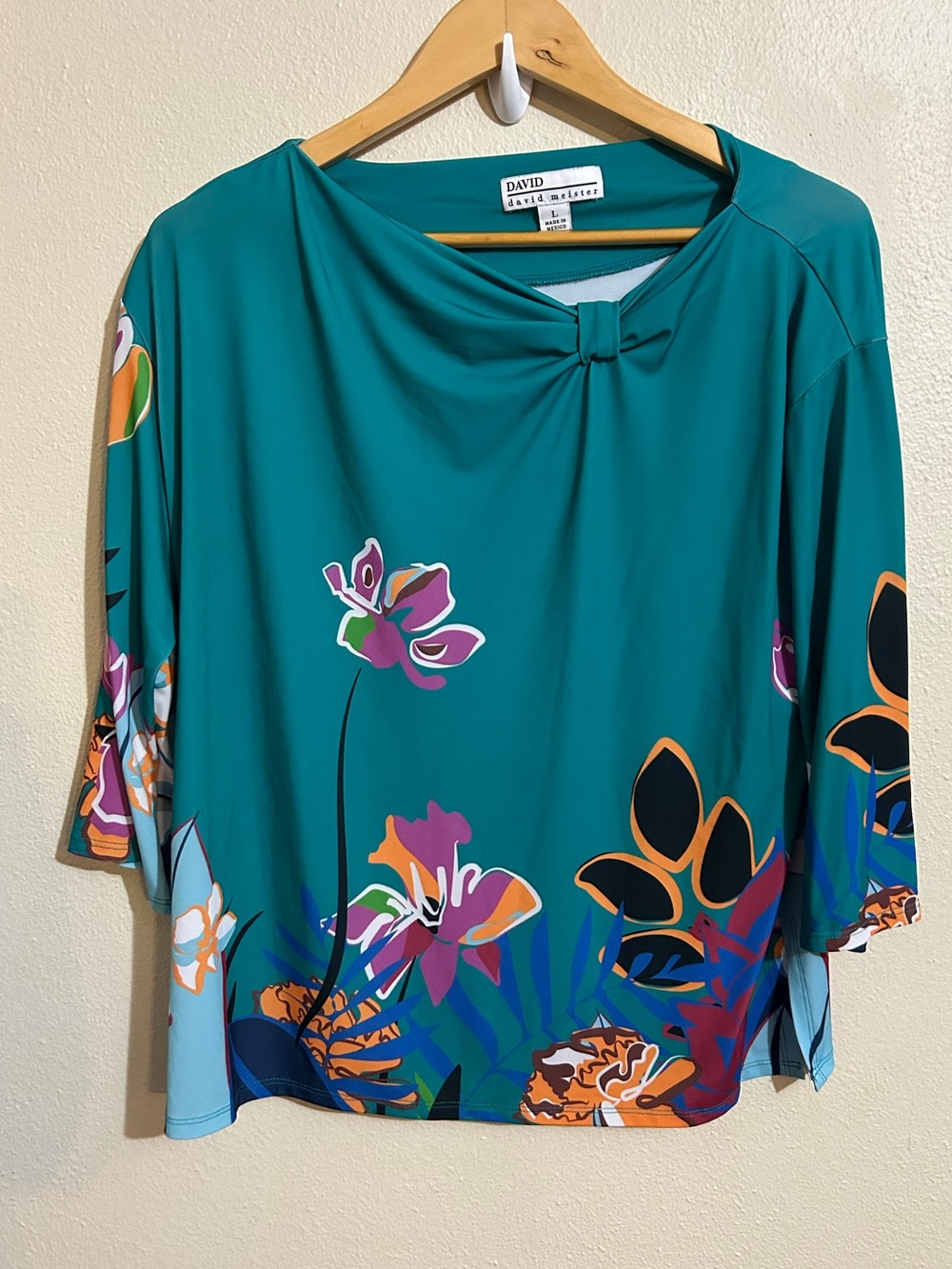 DAVID David Meister Teal Floral Top Women's Large Artsy